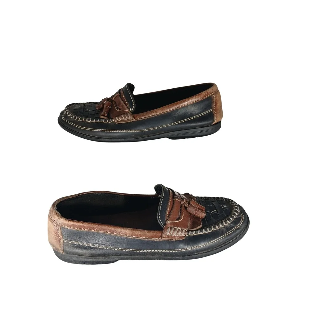 Giorgio Brutini Sport Loafers 10M Black Brown Kiltie Tassel Woven Leather Preppy - Picture 1 of 10